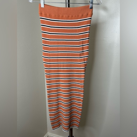 FAVORITE DAUGHTER, THE REVENGE RIBBED MIDI SKIRT, CORAL STRIPE - Picture 2 of 5
